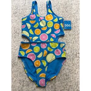 DSG Girls Blue Citrus Fruit Print Cut Out One Piece Swimsuit Size L  New